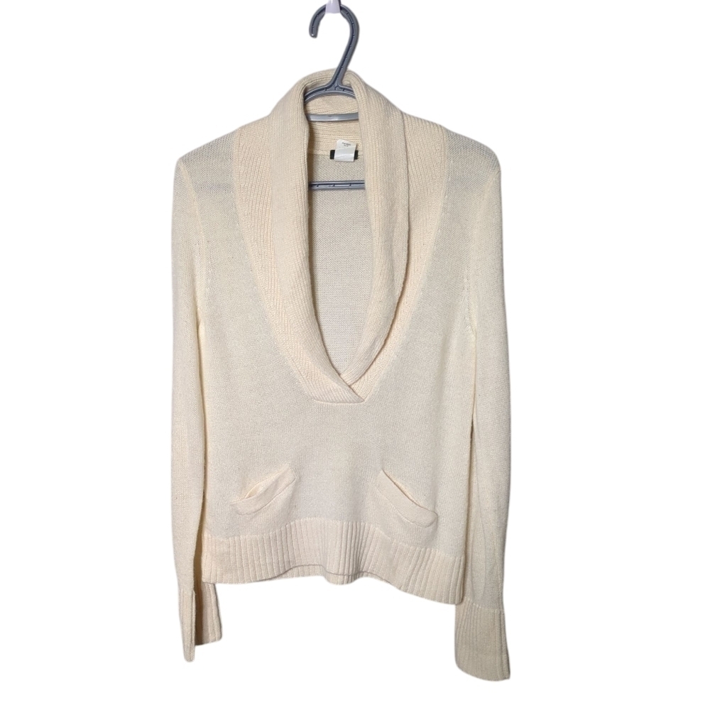 J. Crew Alpaca Merino Ivory Long Sleeve Shawl‎ Collar Sweater Size Large V Neck